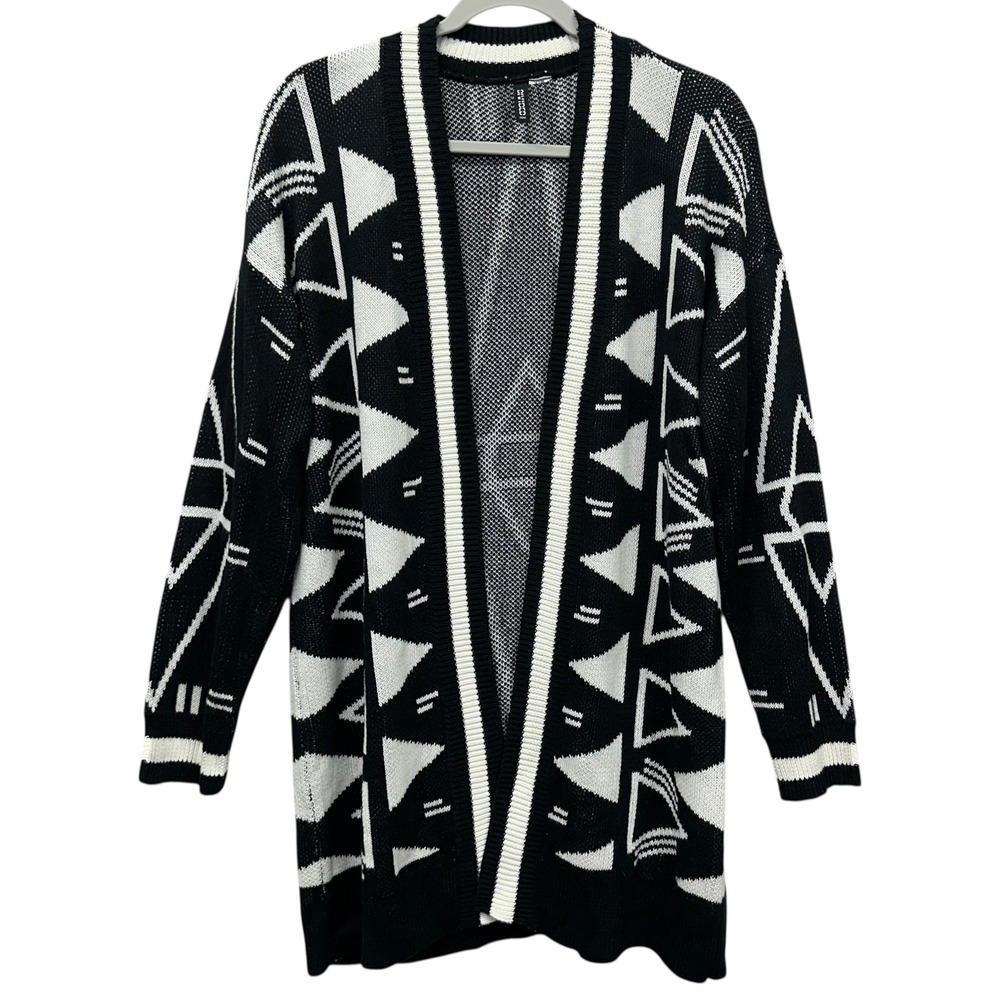 H&M‎ Divided Sweater Womens L Black White Open Front Cardigan Aztec Geometric